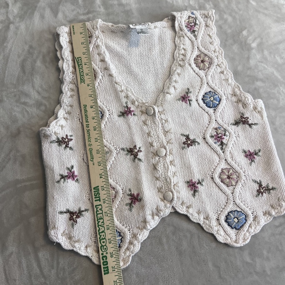 Vintage Y2K Embroidered Knit Sweater Vest Womens Large Cream Cottage Granny Boho - Picture 7 of 9